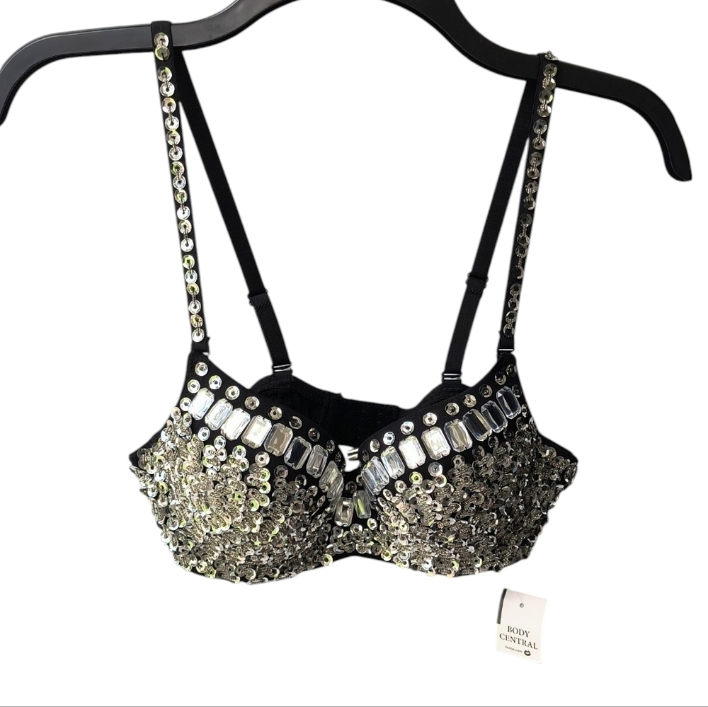 Body Central Sparkling Glam Raven Festival Sexy Black Convertible Bra S NWT